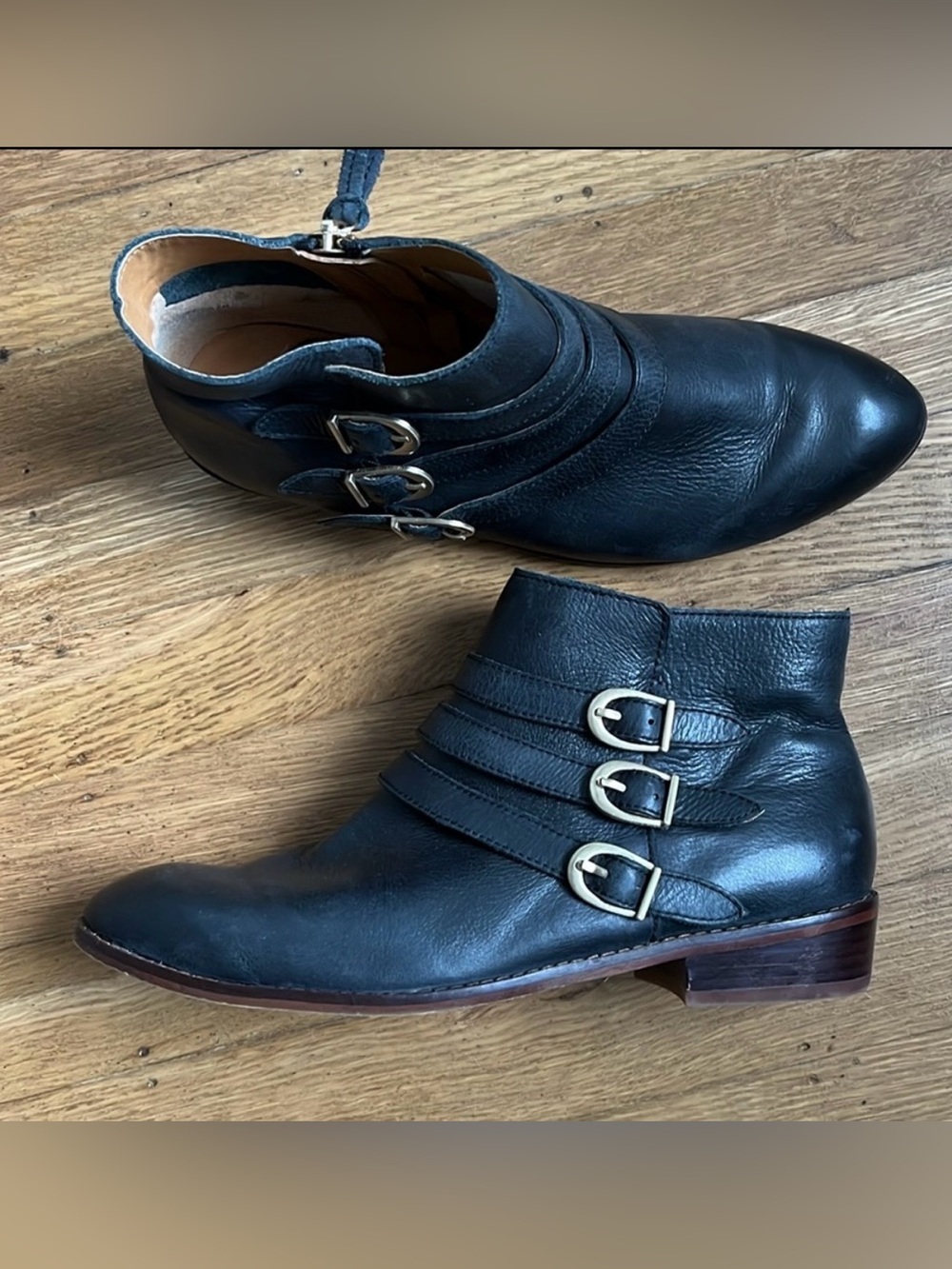 Anthropologie Latigo “Passion” Ankle Boots Black Leather Brass Buckles 7